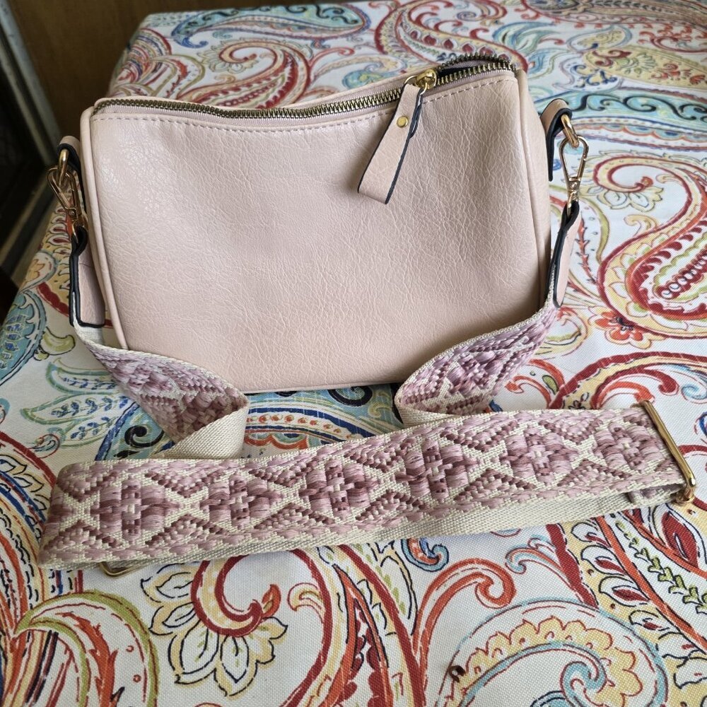 Vegan Leather Lite Pink Crossbody Bag Handbag Boho Designed Strap - Picture 2 of 8